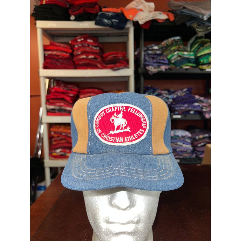 Vintage Denim Jesus Hat Cowboy Charter Fellowship Christian Athletes VTG 80s OS